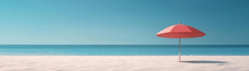Obraz premium A serene beach scene featuring a red umbrella on pristine white sand under a clear blue sky.
