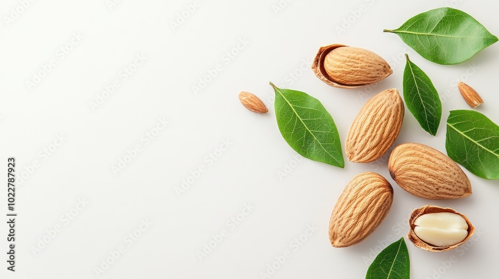 Poster almonds with shells and green leaves isolated on a white background