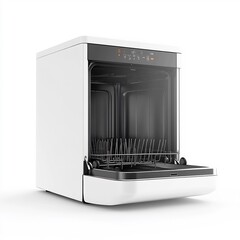 Fototapeta premium A compact dishwasher for small spaces on a white background, highlighting its design.