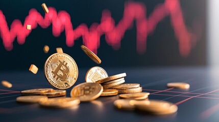 Digital coins falling from a crumbling virtual stock market graph, disappearing into a dark void.