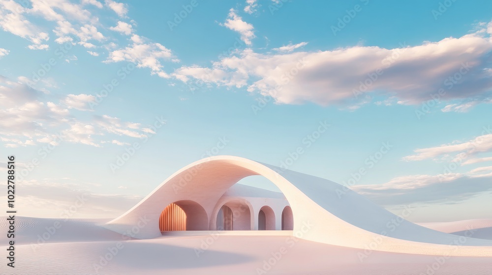 Aufkleber 3D Render Abstract surreal pastel landscape featuring modern architecture and geometric arches vibrant dune scene with ample copy space blue sky with clouds minimalist design elements