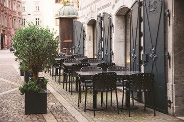 Cozy terrace with tables of cafe in Ljubljana, Slovenia