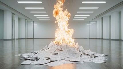 A pile of stock market reports burning on the floor of an empty office, symbolizing economic ruin.