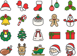 いろいろな、クリスマスのアイコン（線画カラー）のイラストセット