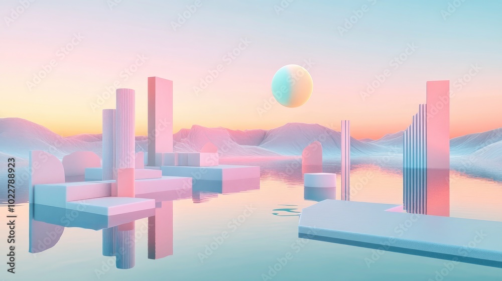 Aufkleber 3D render of an abstract surreal pastel landscape featuring architectural elements and geometric shapes complemented by a serene lake and a softly gradient sky embodying a minimalistic concept