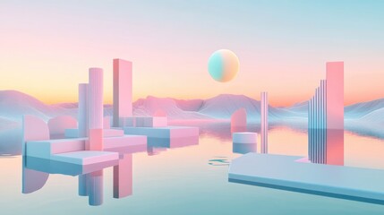 3D render of an abstract surreal pastel landscape featuring architectural elements and geometric shapes complemented by a serene lake and a softly gradient sky embodying a minimalistic concept
