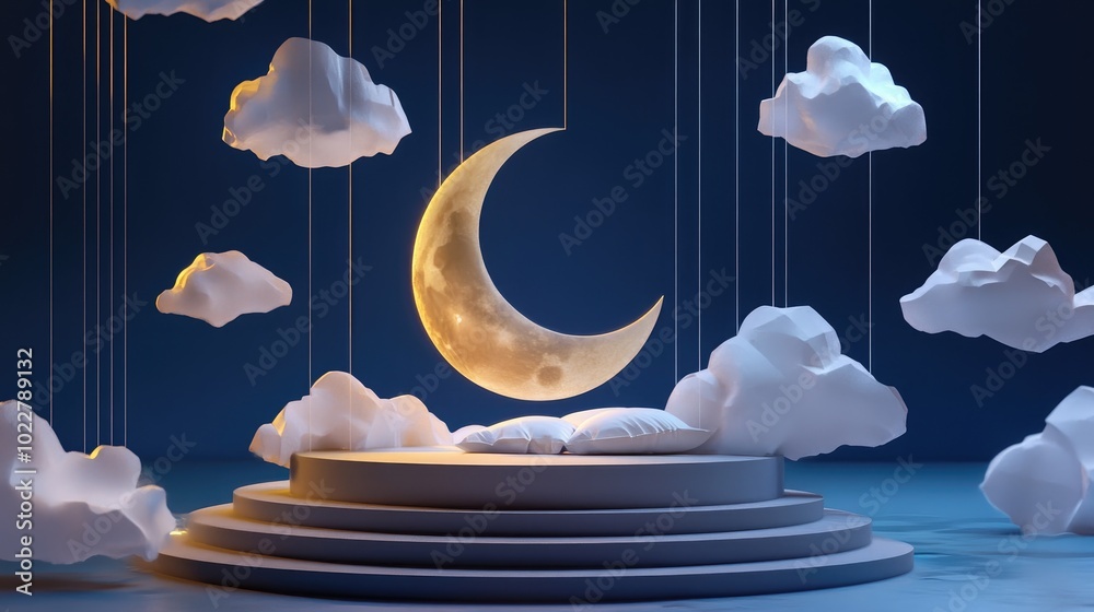 Poster 3d rendered podium featuring a slumbering moon and suspended paper clouds