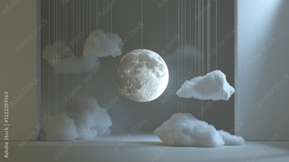 Poster 3d rendered showcase featuring a serene moon and suspended paper clouds