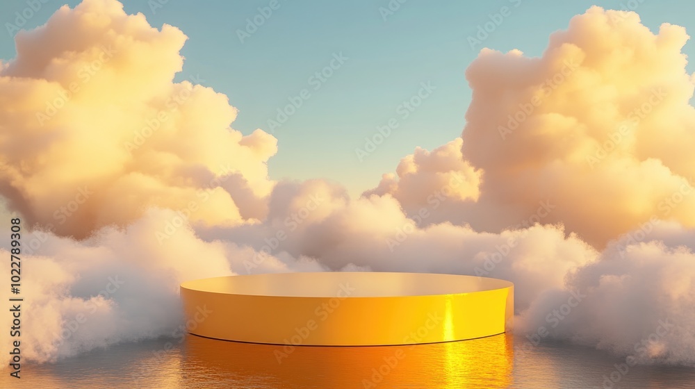 Poster 3d render of a yellow podium surrounded by clouds for showcasing products