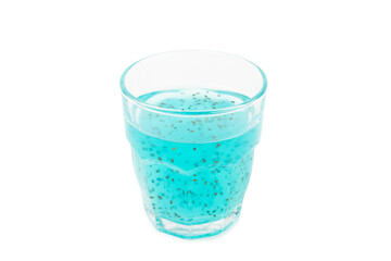 Diet detox cocktail with basil and chia seeds in glass jar and glass isolated on white background....