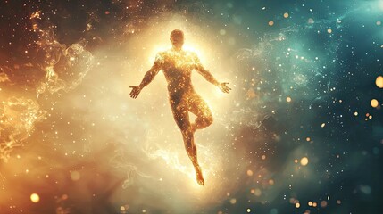 Naklejka premium an invsible man in the air with glowing lights, an mystic background, background will be the wizard school,