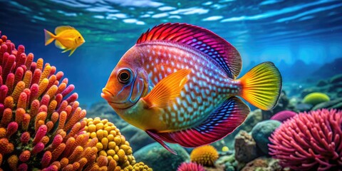 Fototapeta premium Stunning Disc Fish Swimming Gracefully in Clear Ocean Waters with Vibrant Coral Reef Background