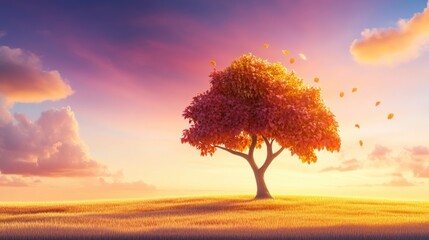 Fototapeta premium Beautiful Tree Under Colorful Sunset Sky