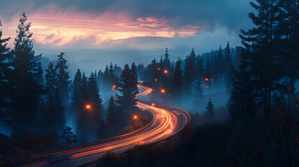 Car headlights and traffic lights on a winding road through pine trees, in a foggy valley at sunset, captured by long exposure photography