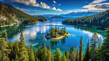 Fototapeta premium Stunning Emerald Bay at Lake Tahoe Surrounded by Majestic Mountains and Lush Green Pine Trees