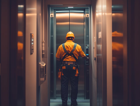 Elevator technician inspecting and repairing elevators, detail-oriented and precise.A man wearing a hard hat is currently standing inside an elevator