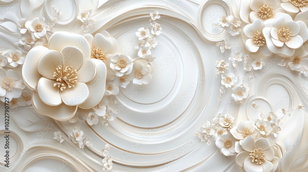 Poster 3D wallpaper design featuring circular patterns and floral elements ideal for photomural applications
