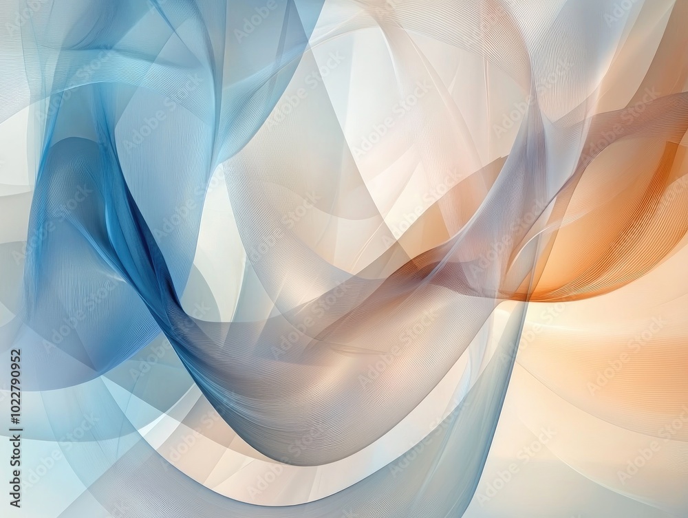 Aufkleber Abstract painting featuring overlapping azure and beige shapes circular chains a light burst smooth lines and translucent forms within a white frame Ideal for wallpaper Vector design