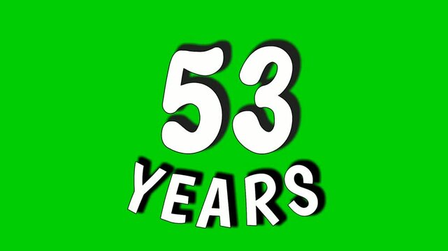 53 years text animation motion graphics on green screen.Fifty three celebration, anniversary, birthday concept. chroma key background