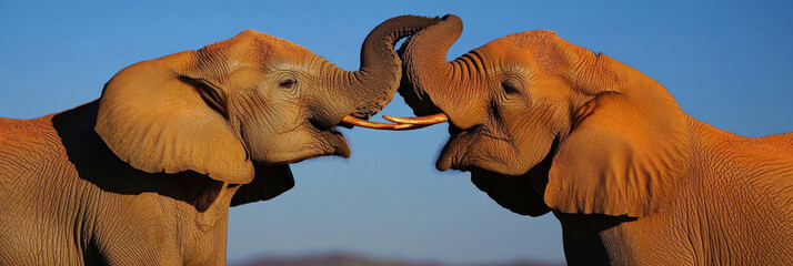 two elephants touch each other with their trunks. animals in the wild