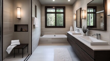 Modern bathroom with double sink vanity, large mirror, freestanding bathtub, wall sconces, white towels, bench, and large window with outdoor view.