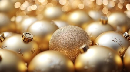Collection of golden Christmas baubles on festive dark background. Neural network ai generated art