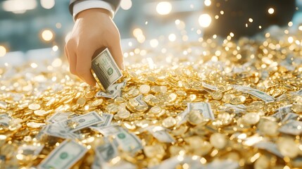 Obraz premium A hand reaches for cash among a sparkling pile of gold coins, symbolizing wealth and prosperity.
