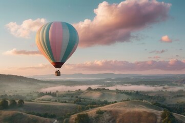 Fototapeta premium a hot air balloon flying over a rural landscape