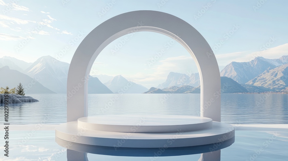 Poster 3d render of a circular podium on water featuring a glass wall an arch and mountains minimalistic mo