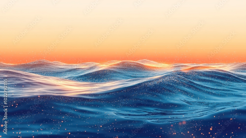 Poster abstract 3d wave sparkling ocean water surface texture under sunset sky with blue and orange hues re