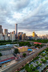 Fototapeta premium Magnificent view of the skyline of Beijing CBD (Central Business District) at sunset