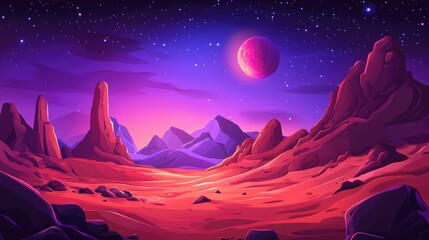 2D cartoon background for a space game featuring a fantasy alien planet with red sand Landscape includes rocky surfaces and a vibrant cosmic purple and pink design for arcade settings