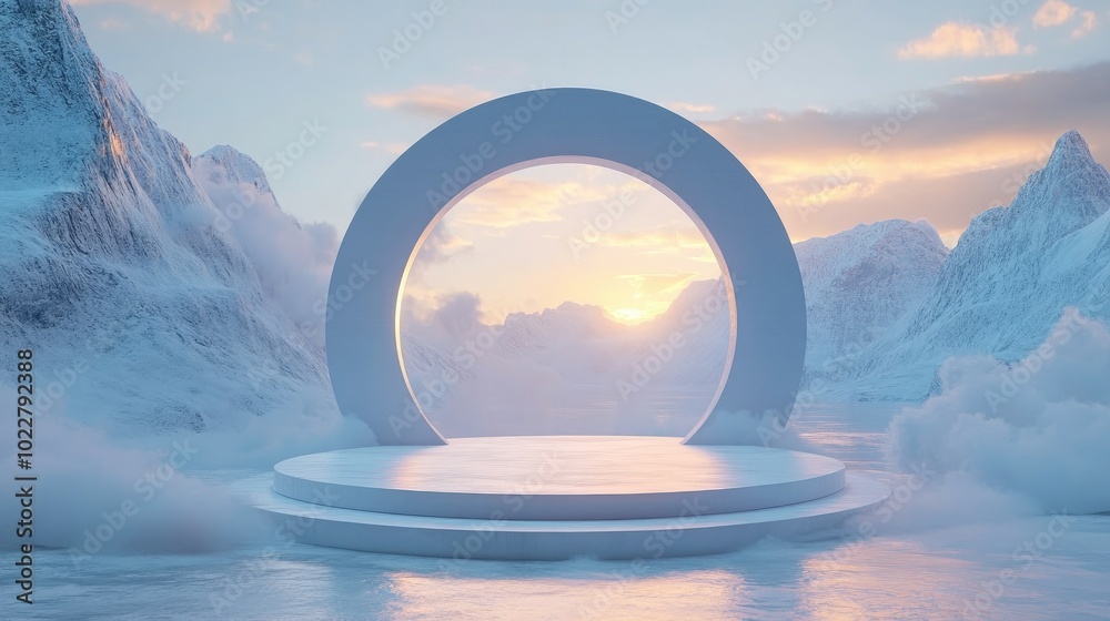 Poster Abstract winter landscape featuring geometric shapes an arch with a podium illuminated by natural light Minimalistic and surreal background 3D rendering