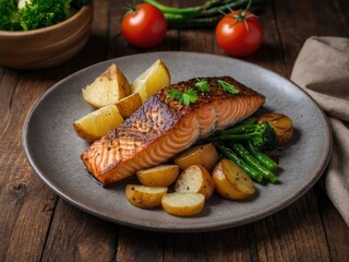Fried salmon steak with potatoes and vegetables on wooden table. Crispy salmon fillet with seasoned potatoes and veggies