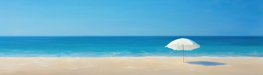 Obraz premium Beach scene with a white umbrella against a clear blue sky and tranquil sea, peaceful summer getaway.