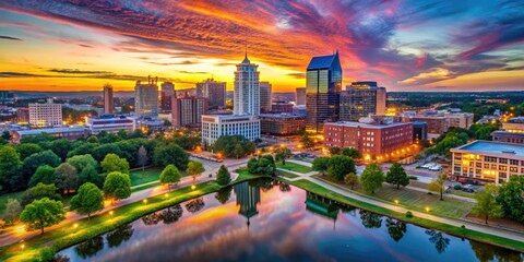 Stunning Greensboro Skyline at Dusk with Vibrant Colors and Reflections in the Cityscape Waters