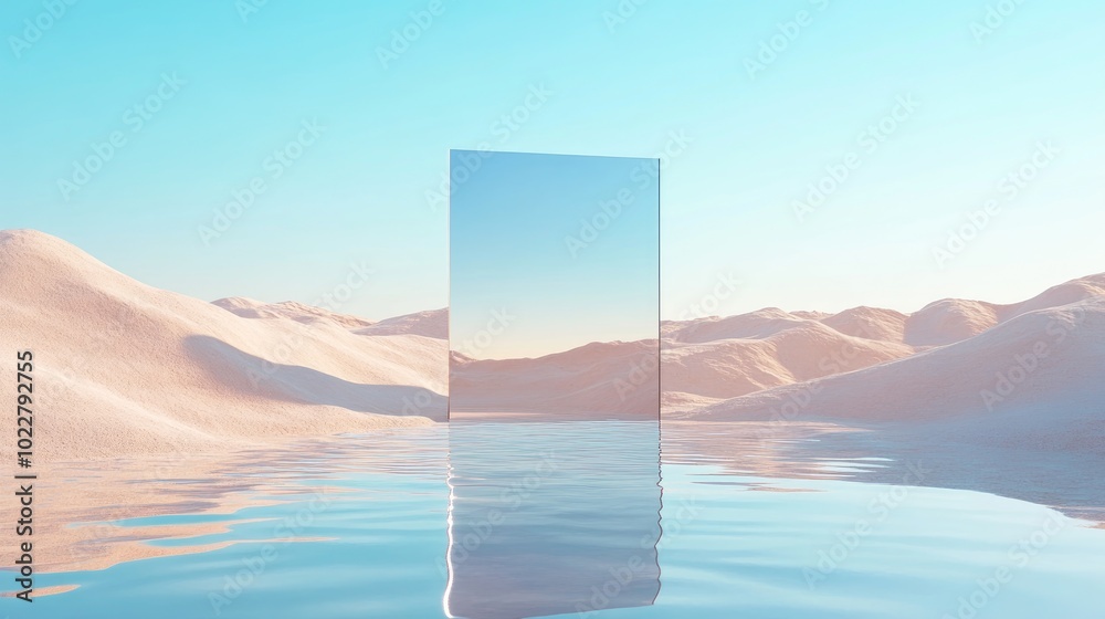 Poster 3d render of an abstract panoramic background featuring a desert landscape with sand water and a squ