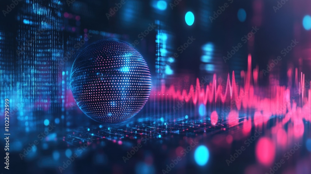 Poster abstract technological spheres featuring voice assistant wave representing an innovative sound conce