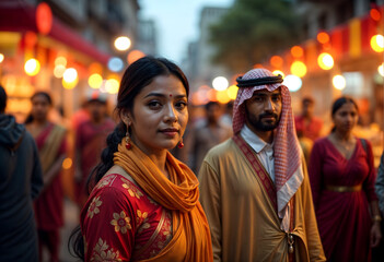 Obraz premium Cultural Festival Evening with Diverse Attendees in Traditional Attire