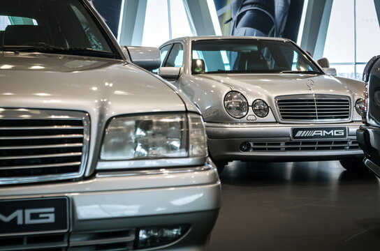 31-03-2018 Mercedes-Benz Museum, Stuttgart, Germany. 1990s W202 C36 AMG and W210 E50/E55 AMG in the background