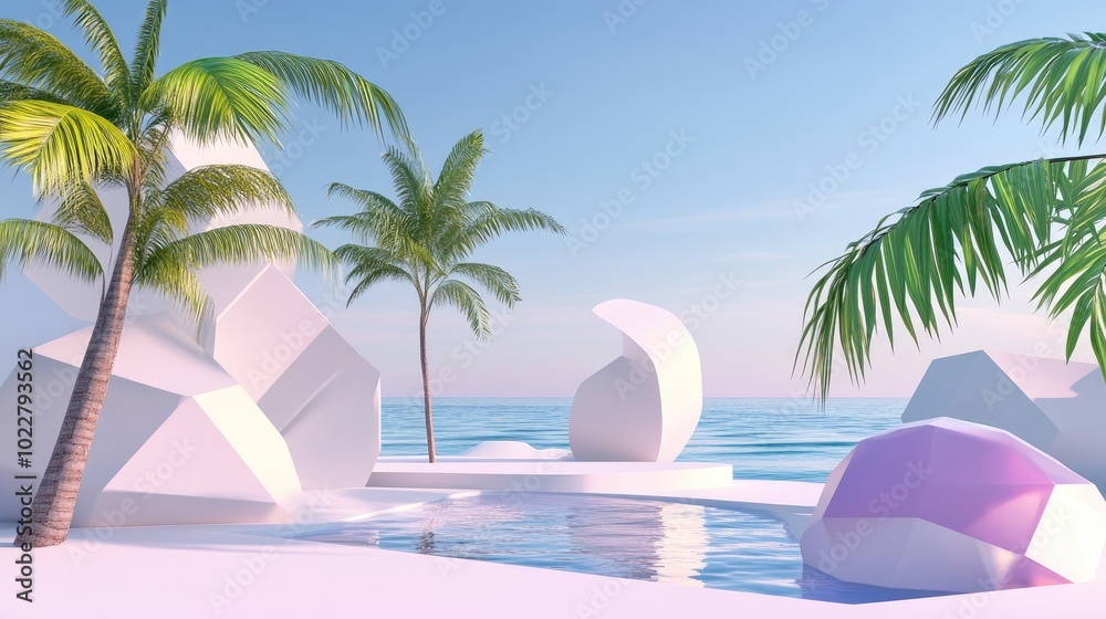 Poster Abstract summer landscape featuring geometric shapes and an ocean beach view 3D rendering