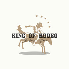 Logo cowboy rodeo. Retro Rodeo logo with equestrian silhouette. Wild west vintage rodeo badge. Vector illustration.