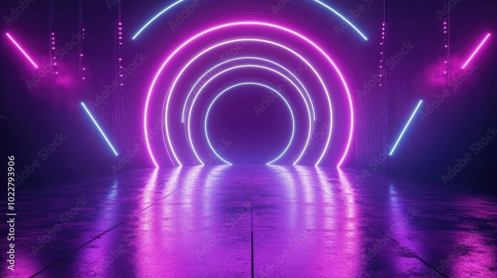Aufkleber 3D rendering of an abstract background featuring neon lights a round portal rings circles and elements of virtual reality showcasing an ultraviolet spectrum with a laser show effect and reflection