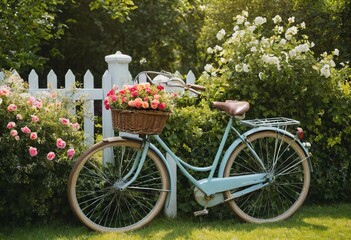 Fototapeta premium A vintage bicycle with a wicker basket parked next to a garden fence, surrounded by blooming flowers on a sunny day in the countryside. Ai generated image