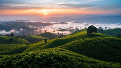 Sunrise Over Rolling Green Hills and Fog