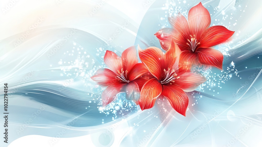 Aufkleber abstract illustration of vibrant red fantasy flowers set against a blue and white backdrop featuring