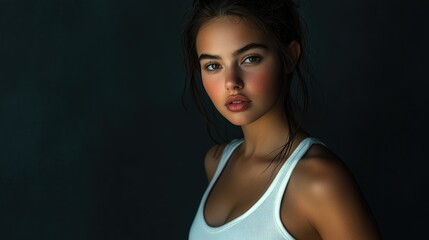 Fototapeta premium Beautiful woman in white T-shirt Female breast dark background