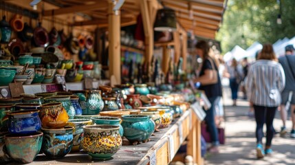 Colorful pottery on display at a lively market. Unique handmade items attract shoppers to explore and find treasures.