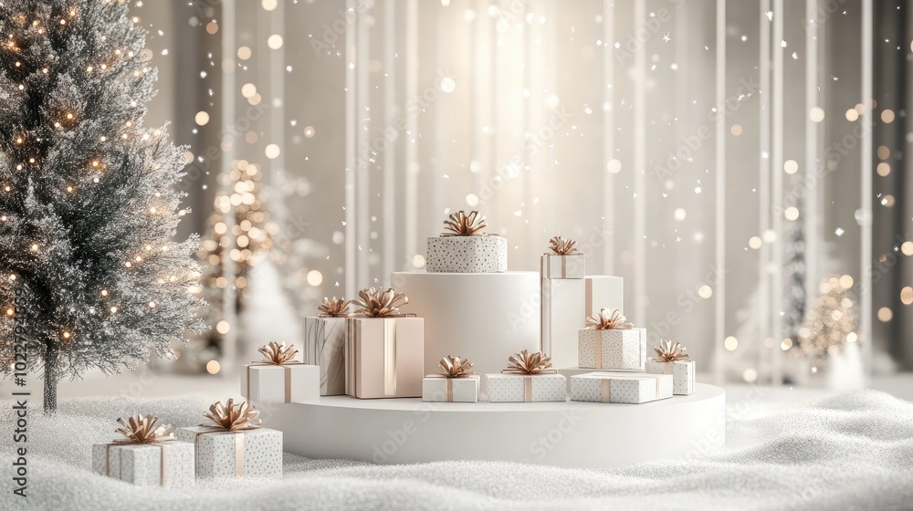 Poster christmas display podium for branding and packaging presentation featuring gift boxes a tree and sno