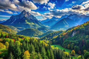 Obraz premium Stunning Landscape of Majestic Mountains Under a Bright Blue Sky with Lush Green Forests Below